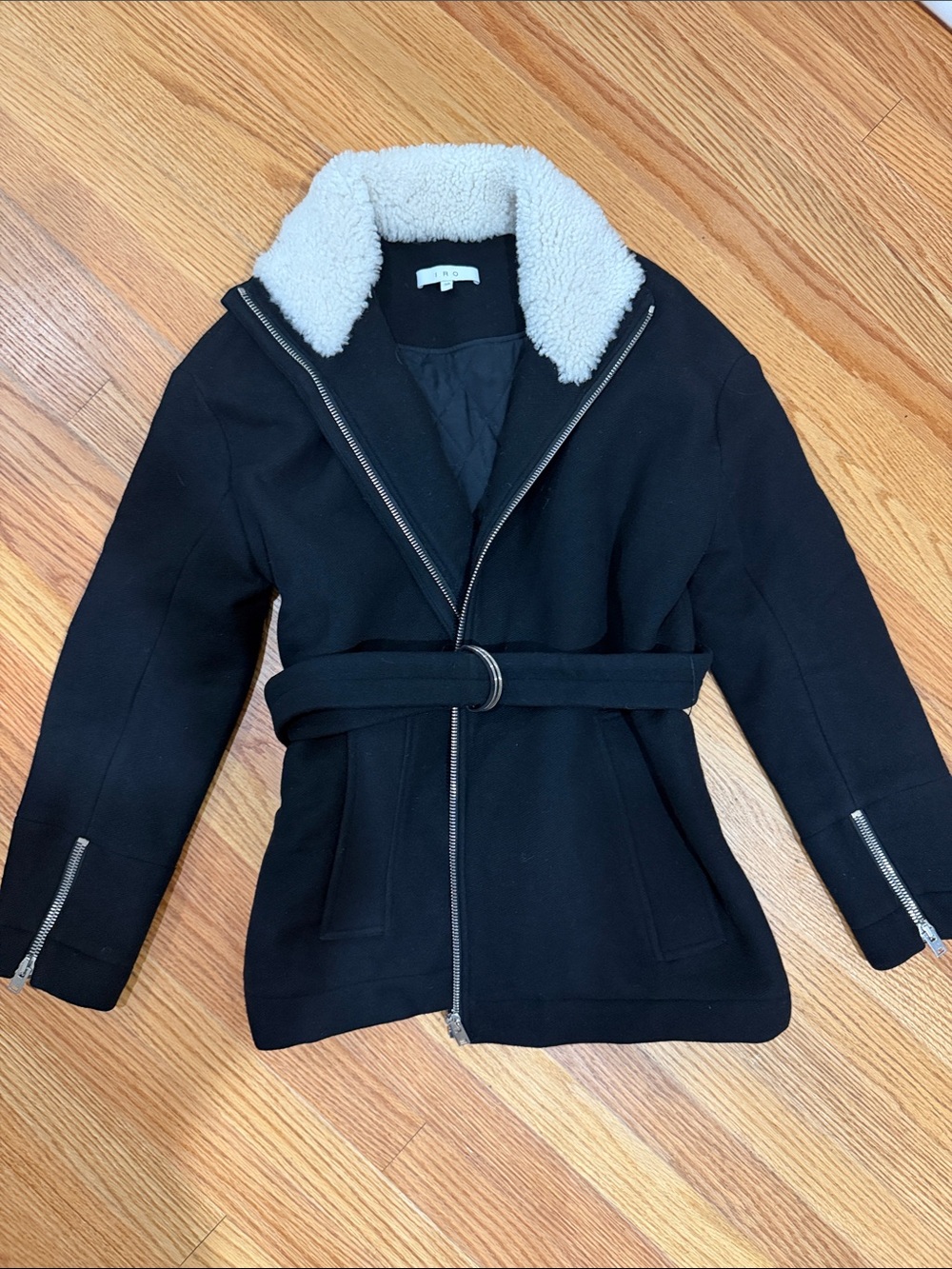 IRO Achida Real Shearling Collar Wool Black Jacket with belt